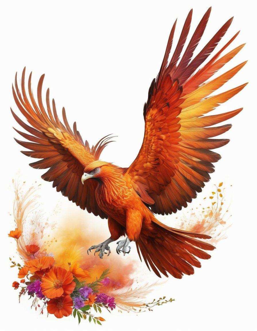 A majestic phoenix soaring through a vibrant sky, shedding its old feathers, while blooming flowers and greenery emerge along its flight path, symbolizing transformation and growth. The scene captures a harmonious blend of fire and nature, illustrating a joyful rebirth. The atmosphere is filled with radiant colors that evoke feelings of hope and renewal. super-realistic. vibrant colors. white background.