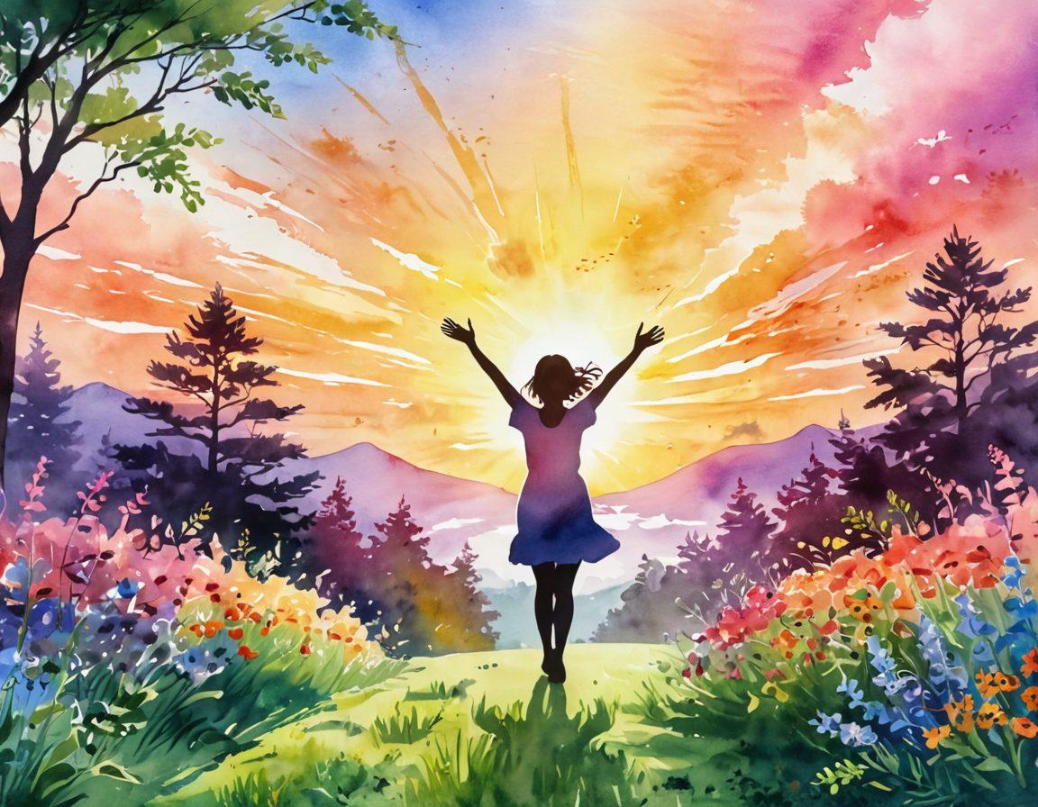 A radiant sunrise breaking over a lush landscape, symbolizing new beginnings and joyful transformation. Include a silhouette of a person joyfully stretching their arms toward the sky, surrounded by blooming flowers and vibrant greenery. The scene should evoke feelings of happiness and hope, with bright, uplifting colors. watercolor style. vibrant colors. soft focus.