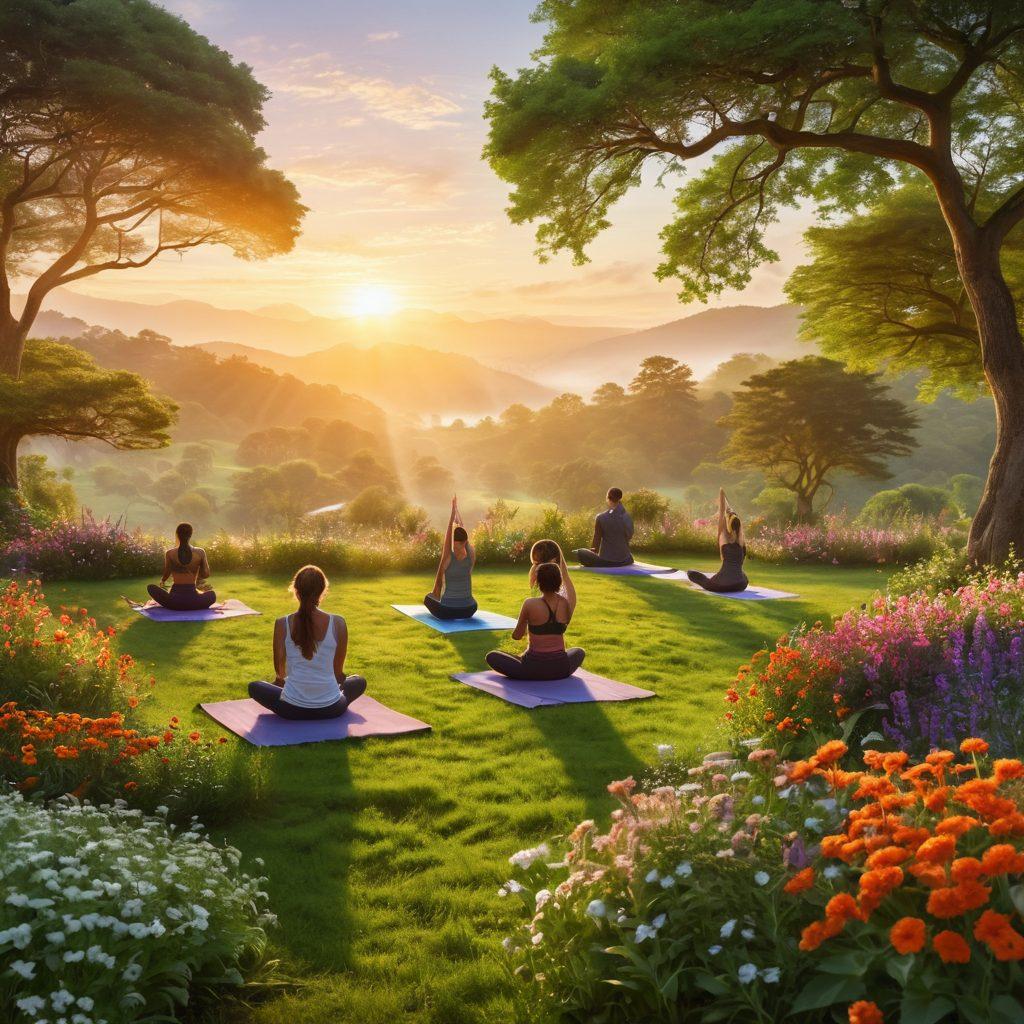 A radiant sunrise illuminating a lush green landscape, symbolizing renewal and growth. In the foreground, a diverse group of individuals joyfully engaging in yoga and meditation practices, embodying harmony and balance. Vibrant flowers bloom around them, while gentle streams flow nearby, representing tranquility and vitality. This scene embodies the essence of embracing life's new beginnings and thriving existence. super-realistic. vibrant colors. serene background.